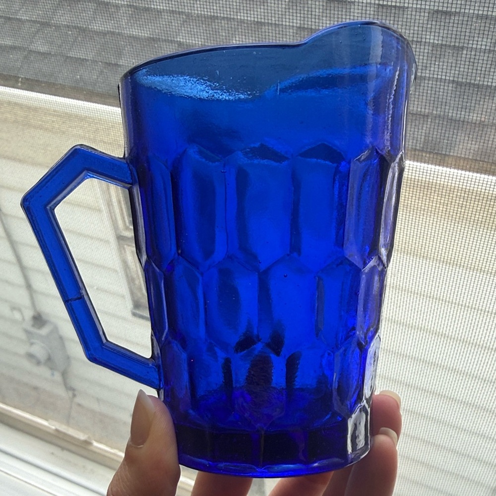 Hazel Atlas Glass Company 1930s Shirley Temple Cobalt Blue Glass Pitcher